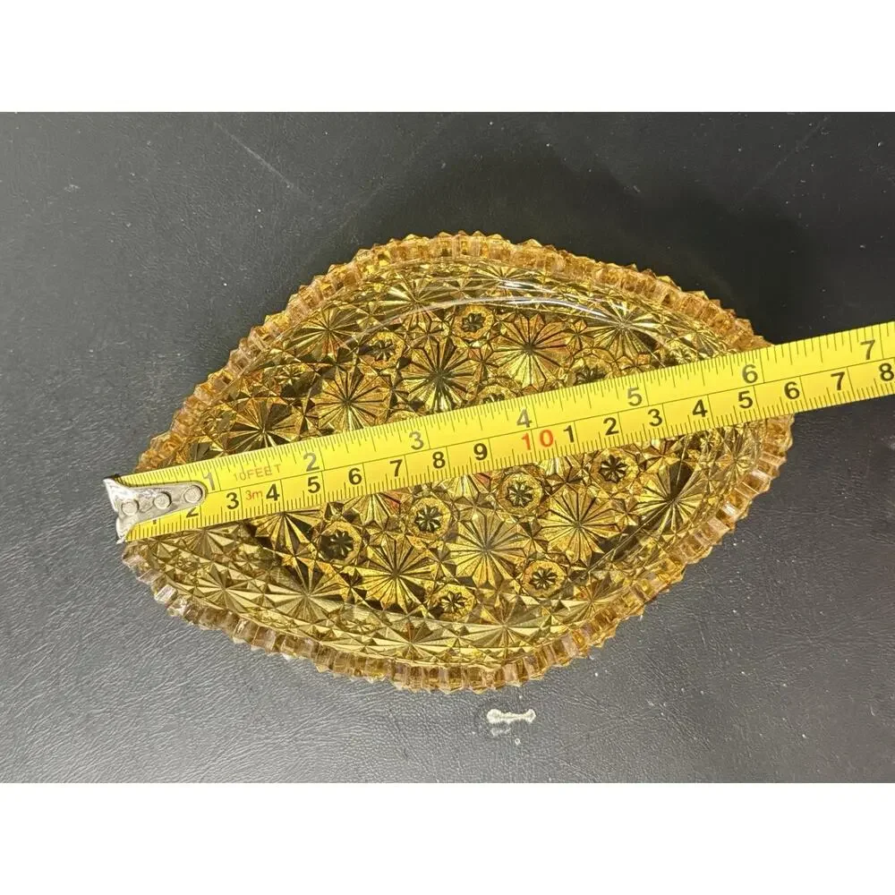 Vintage Amber Pressed Glass Oval Relish Dish Starburst Pattern
